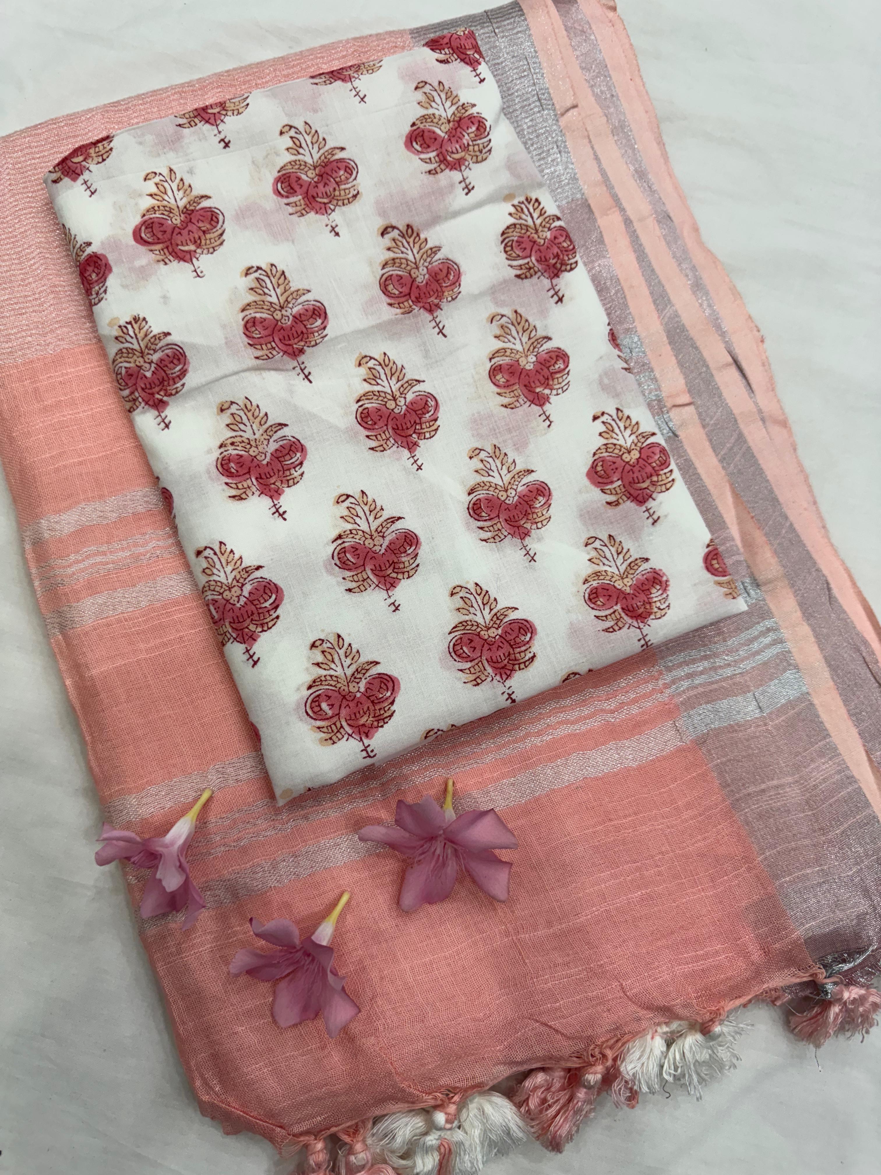 Light Peach Saree with White Floral Small Butti Blouse Fabric – Designer Cotton Mul Handblock Saree wholesale for boutiques and retailers
